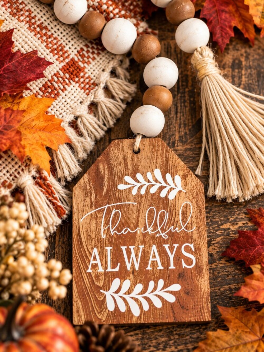Thankful Always Wood Bead Garland Tassel Fall Thanksgiving Farmhouse Home Décor - Picture 2 of 3